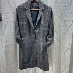 Suzy Shier Grey‎ Glen Plaid Longline Coat Red Accents Size Large 70212